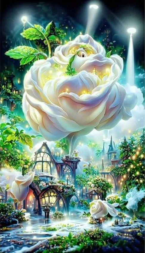 Diamantové malování - Bílá fantasy růže (85 x 45) + třpytivé kamínky