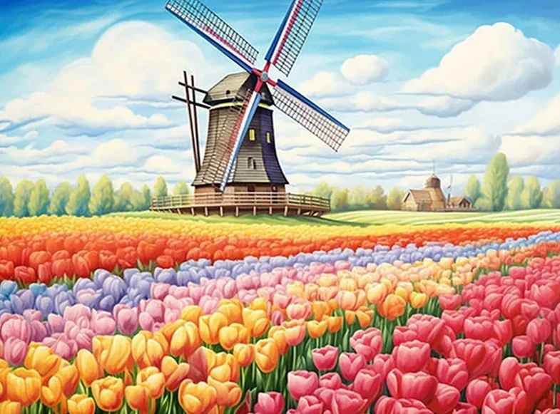Diamantové malování/Huacan - Větrný mlýn a tulipánové pole