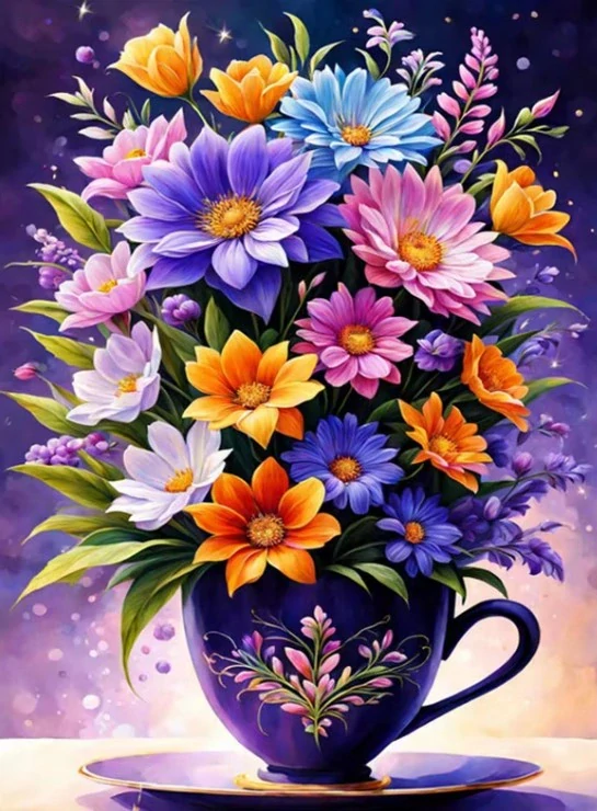 Diamantové malování - Barevná kytice + perleťové kamínky (50x70)