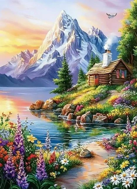 Diamantové malování - Horská chata u jezera (50x70)