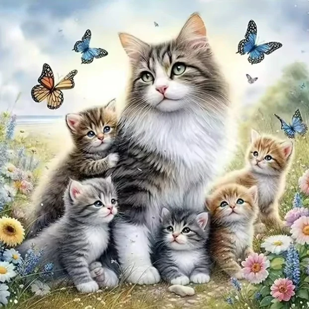 Diamantové malování/Homfun - Koťátka a motýlci + perleťové kamínky (40x40)