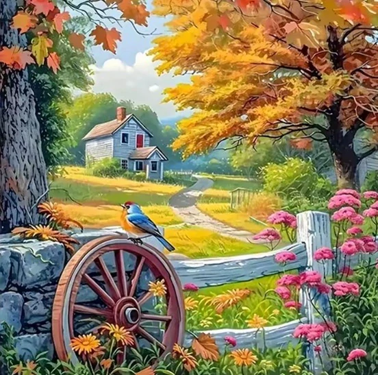 Diamantové malování/Homfun - Usedlost na venkově + perleťové kamínky (40x40)