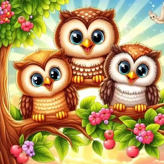 Diamantové malování/Homfun - Soví rodinka na větvi + perleťové kamínky (30x30)