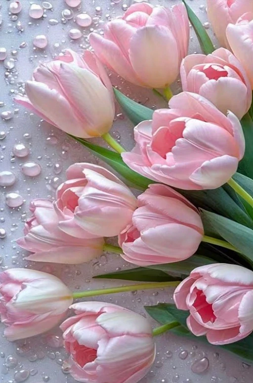 Diamantové malování - Růžové tulipány a kapky + třpytivé kamínky