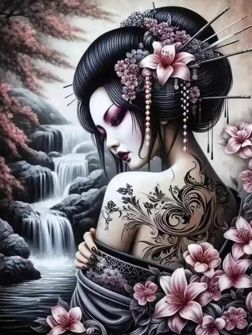 Diamantové malování/Huacan - Geisha a růžové květy