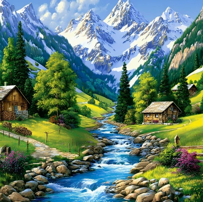 Diamantové malování - Potůček v podhůří (70 x 70)