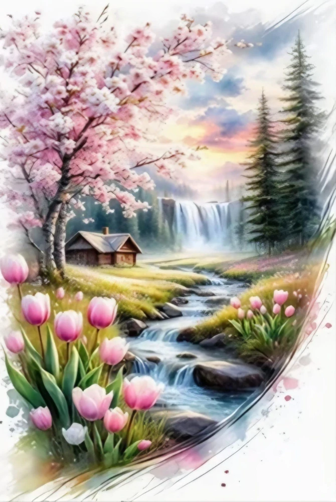 Diamantové malování - Potůček a růžové tulipány (60x80)