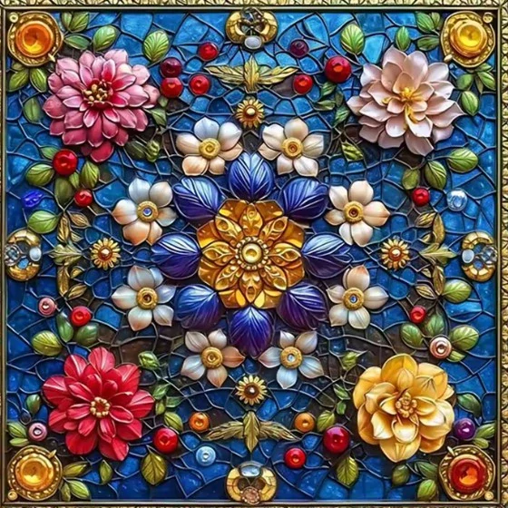 Diamantové malování/Homfun - Květinové ornamenty v obraze + perleťové kamínky