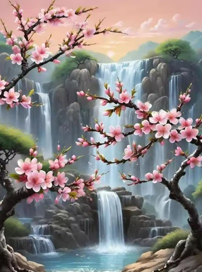 Diamantové malování/Huacan - Vodopád a rozkvetlá sakura