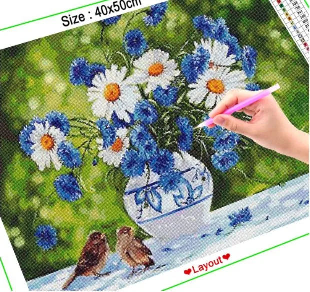 Diamantové malování/Homfun - Ptáčci a květina ve váze