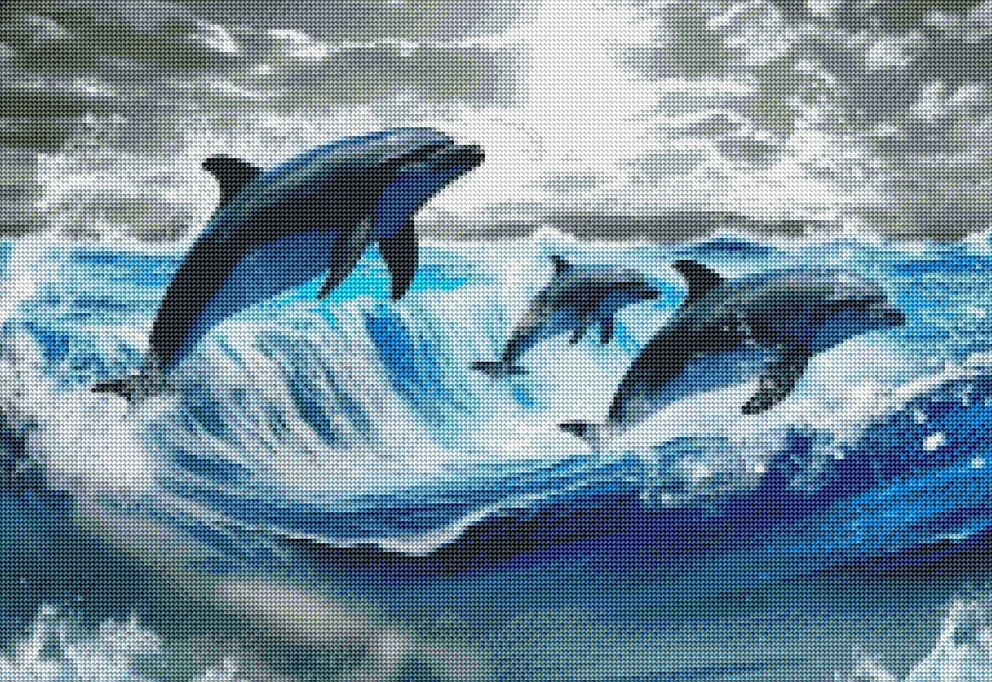 Diamantové malování - Delfíni + perleťové kamínky (50x70)