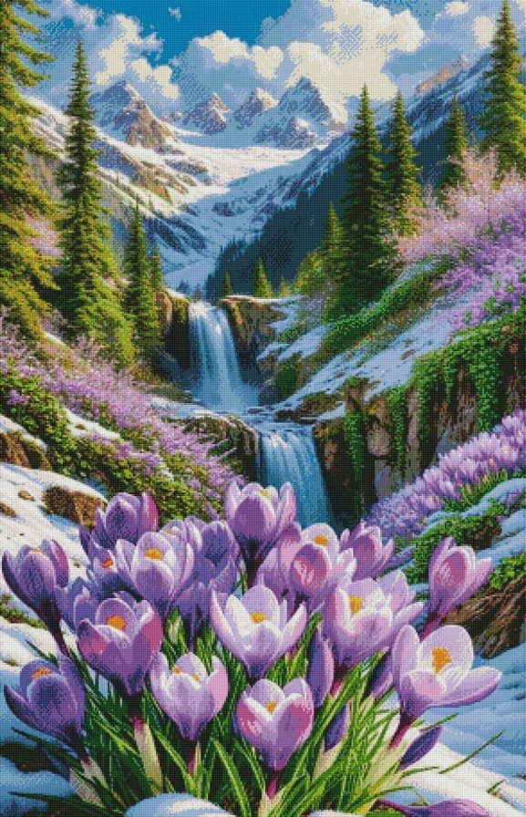 Diamantové malování - Fialové krokusy pod horami (120 x 80)