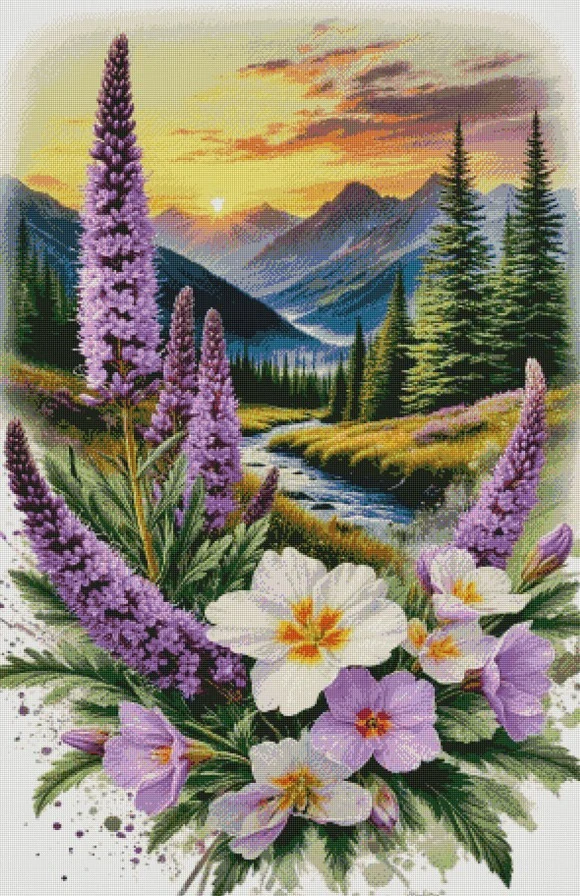 Diamantové malování - Horský potok a květy při západu (120 x 80)