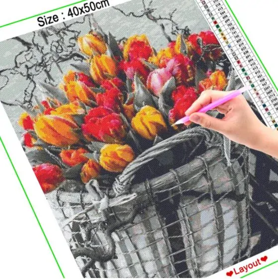 Diamond painting/HOMFUN - Barevné tulipány v košíku