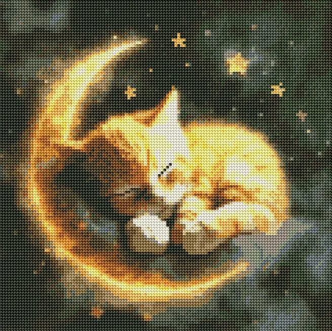 Diamantové malování - Spící kotě na měsíci (40x40)