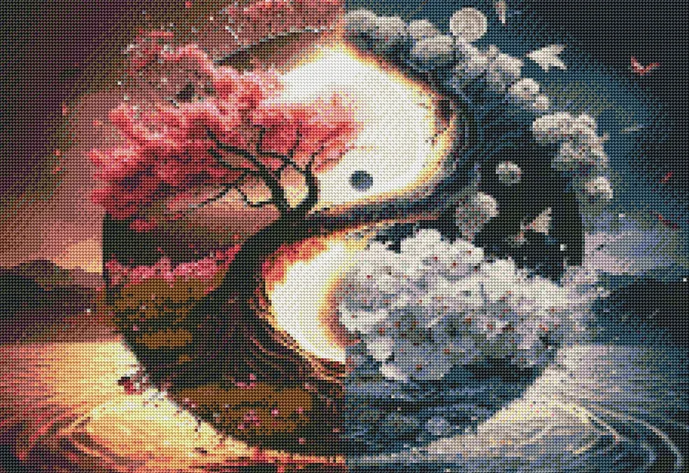 Diamantové malování - Stromy a květy nad hladinou (50x70)