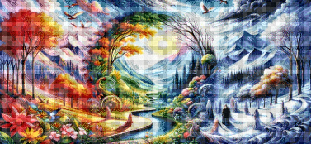 Diamantové malování - Potok v údolí ročních období (100 x 50)