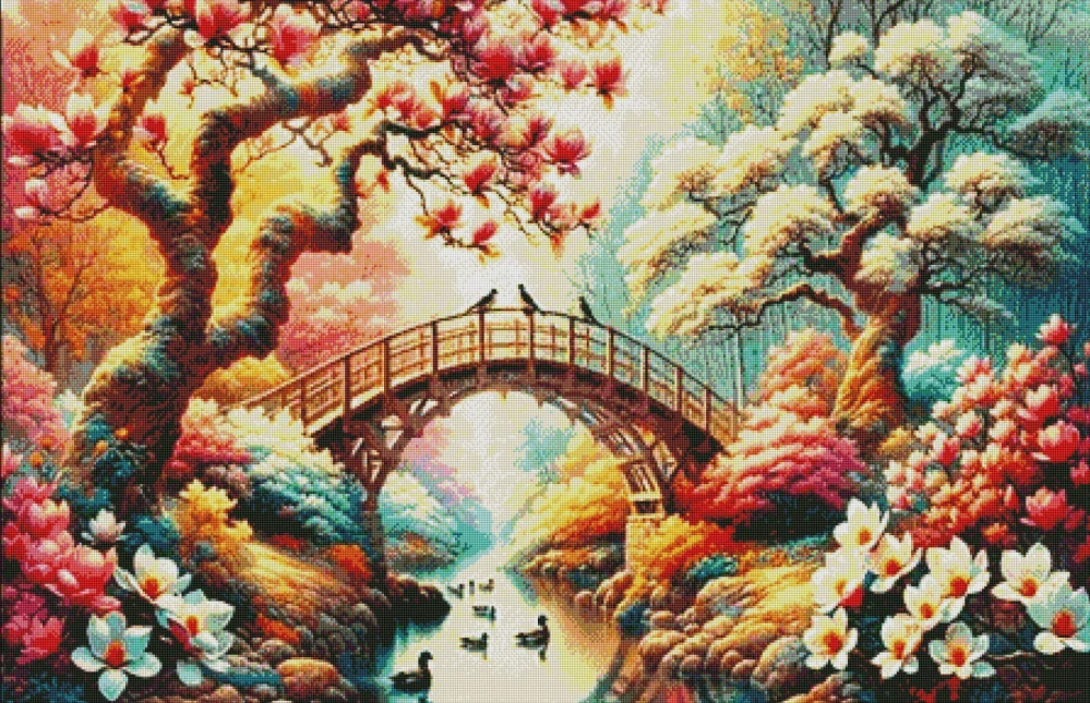 Diamantové malování - Lávka v kvetoucí zahradě (120x80)
