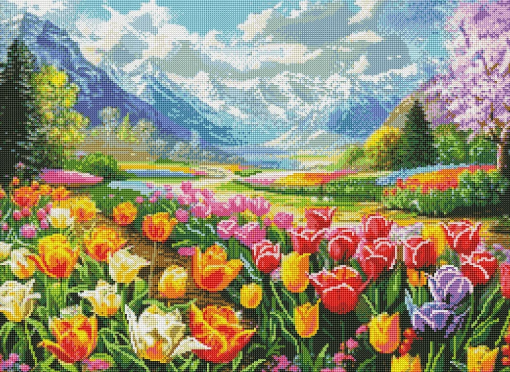 Diamantové malování - Tulipánové pole + třpytivé kamínky (60x80)