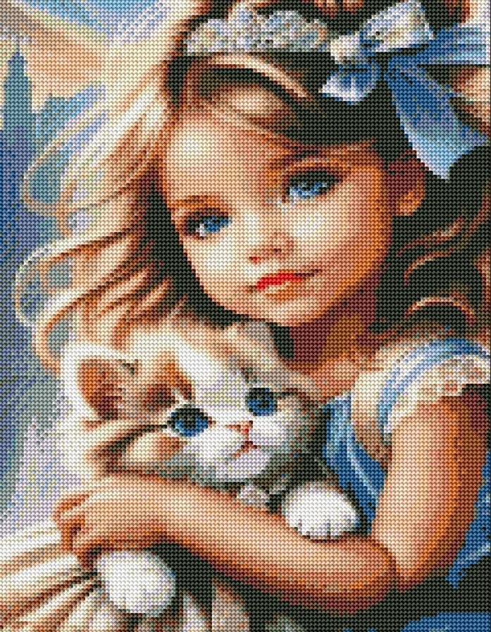 Diamantové malování - Dívenka s koťátkem (40x50) + perleťové kamínky