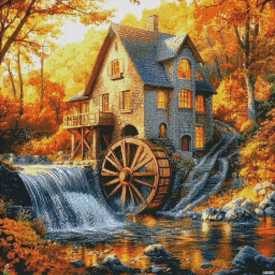 Diamantové malování - Podzimní mlýn (70 x 70)