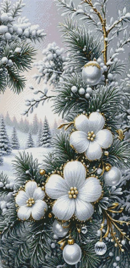 Diamantové malování - Bílé vánoční květy + třpytivé kamínky (85 x 45)