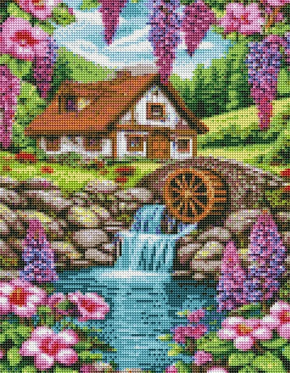 Diamantové malování - Chaloupka a mlýnské kolo + třpytivé kamínky