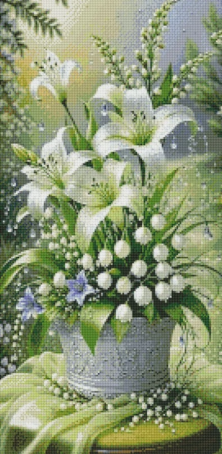 Diamantové malování - Lilie a konvalinky + třpytivé kamínky  (85 x 45)