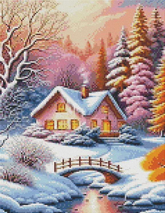 Diamantové malování - Chaloupka v zimním údolí (40x50) + perleťové kamínky