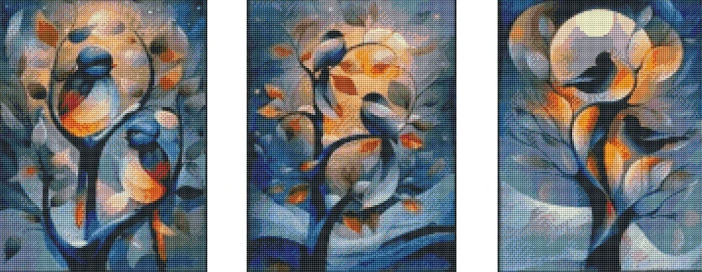 Diamantové malování - Ptáčci a stromy (3x 30x40)