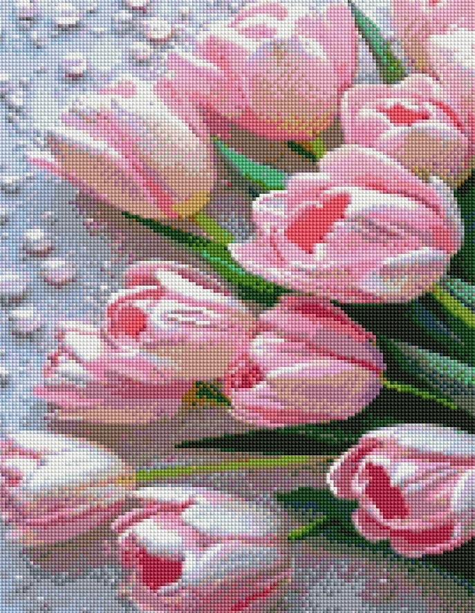 Diamantové malování - Růžové tulipány a kapky + třpytivé kamínky