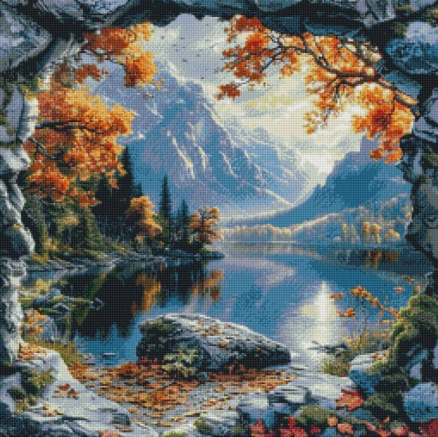 Diamantové malování - Jezero za skálou (70 x 70)