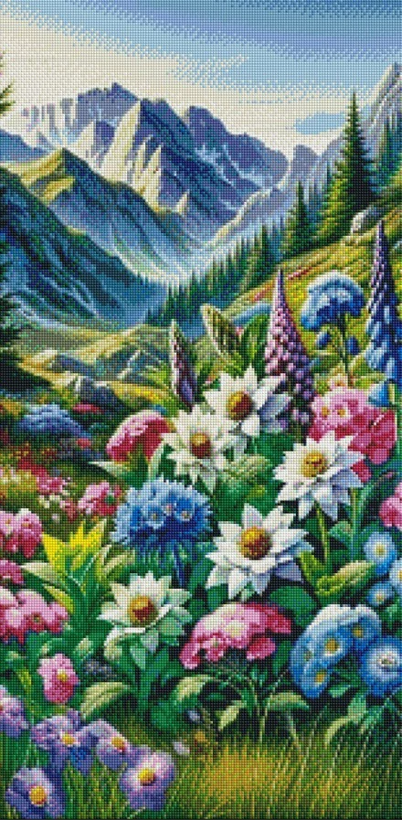 Diamantové malování - Jarní louka v horách (85 x 45)