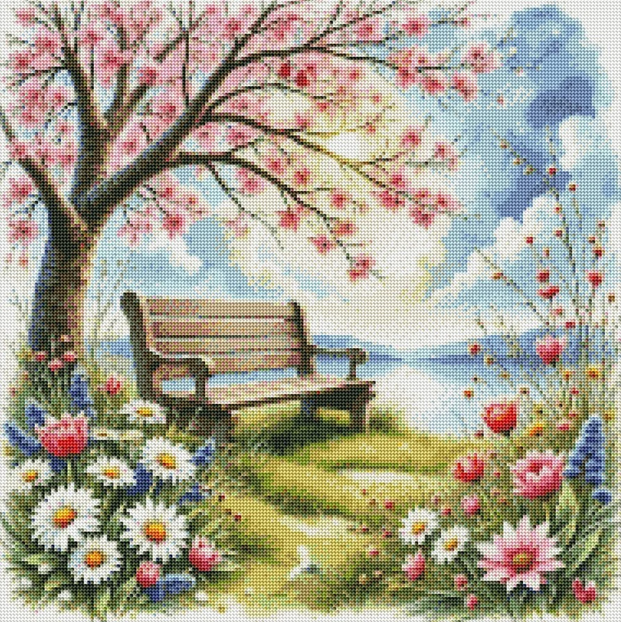 Diamantové malování - Jarní posezení + perleťové kamínky (60 x 60)