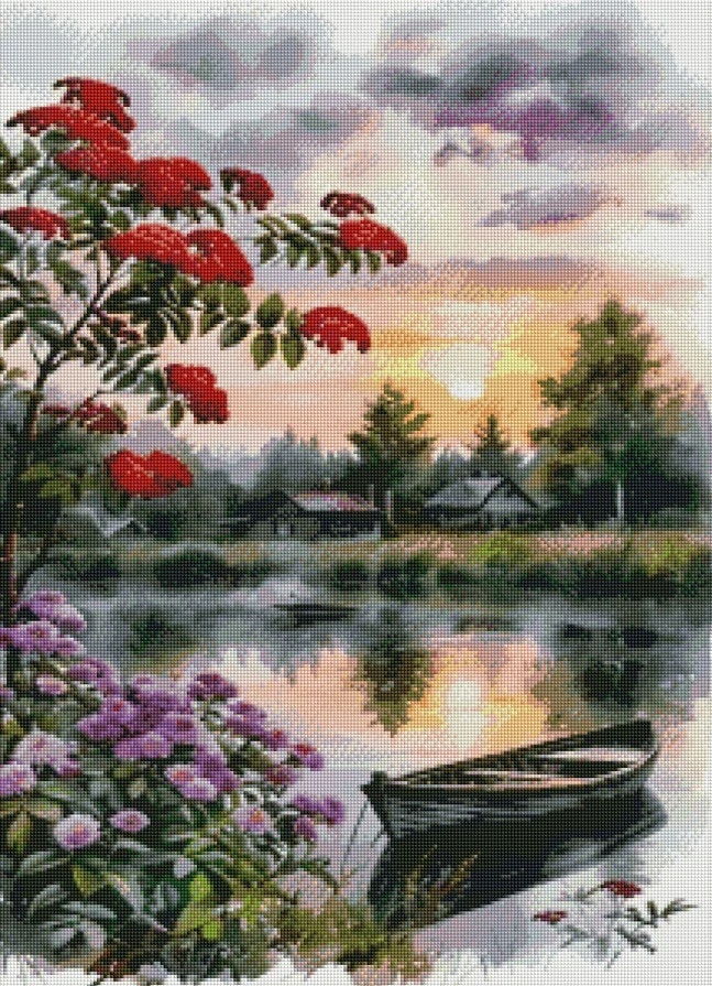 Diamantové malování - Pramice u jezera při západu (60x80)