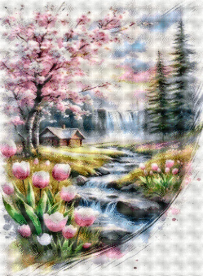 Diamantové malování - Potůček a růžové tulipány (60x80)