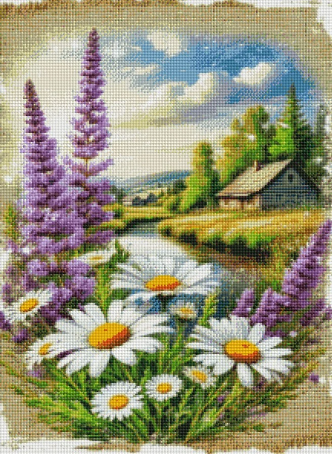 Diamantové malování - Krajina a kopretiny (60x80)