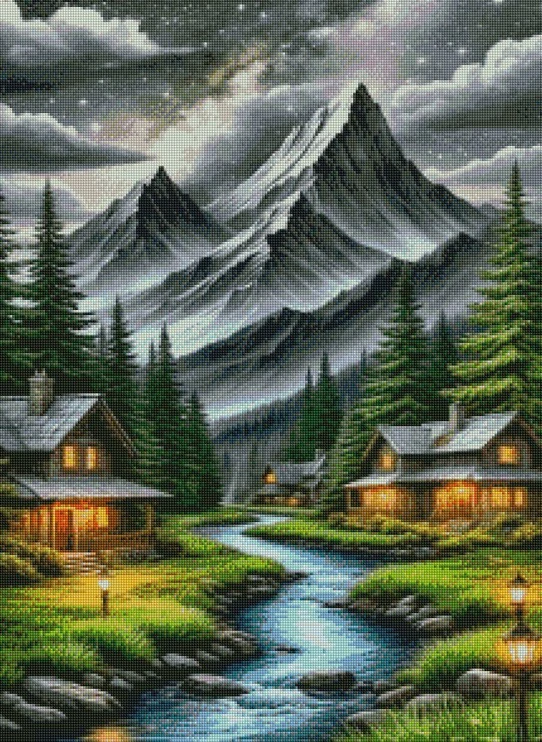 Diamantové malování - Osada a potok pod horami (60x80)