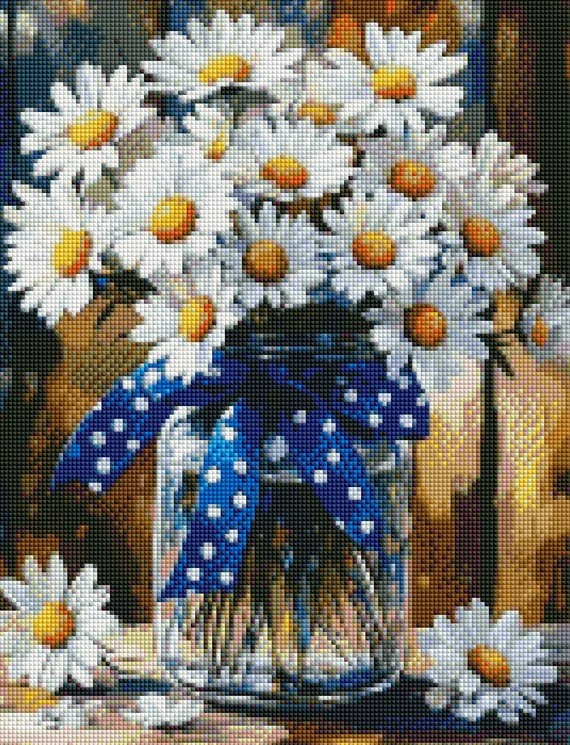 Diamantové malování - Kopretiny a puntíkatá mašle + perleťové kamínky (40x50)