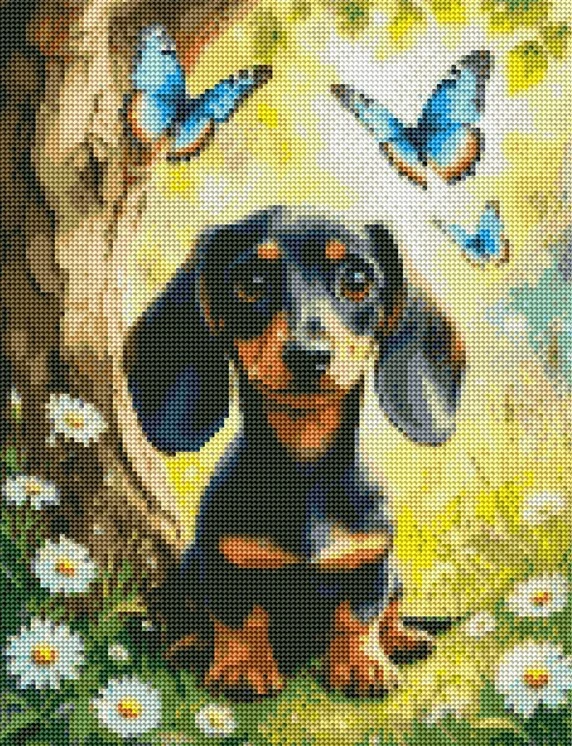 Diamantové malování - Jezevčík a motýlci (40x50)