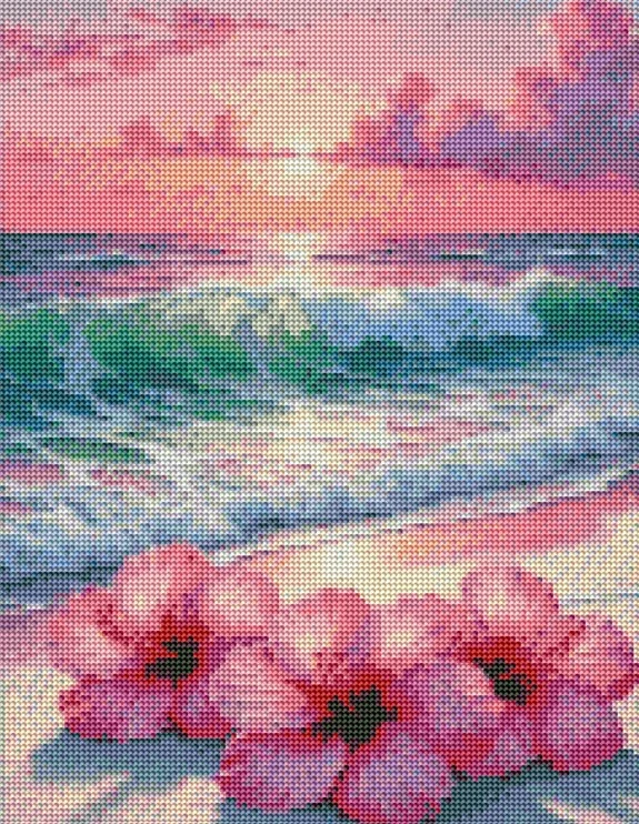 Diamantové malování - Růžové květy na pláži (40x50)