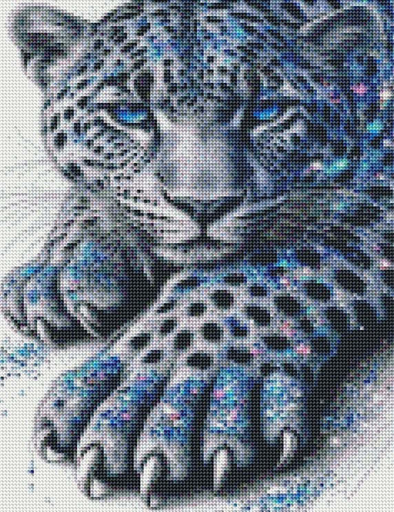 Diamantové malování - Leopard v modrém + třpytivé kamínky (40x50)