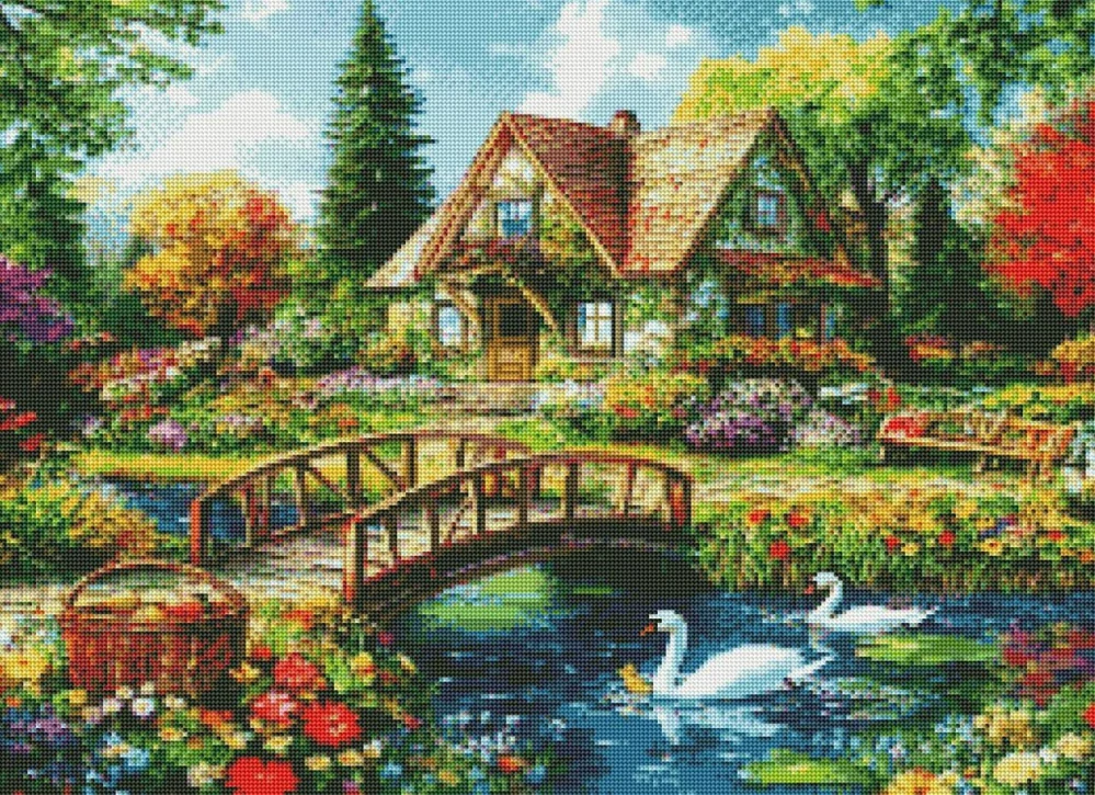 Diamantové malování - Chaloupka v rozkvetlé zahradě (60x80)