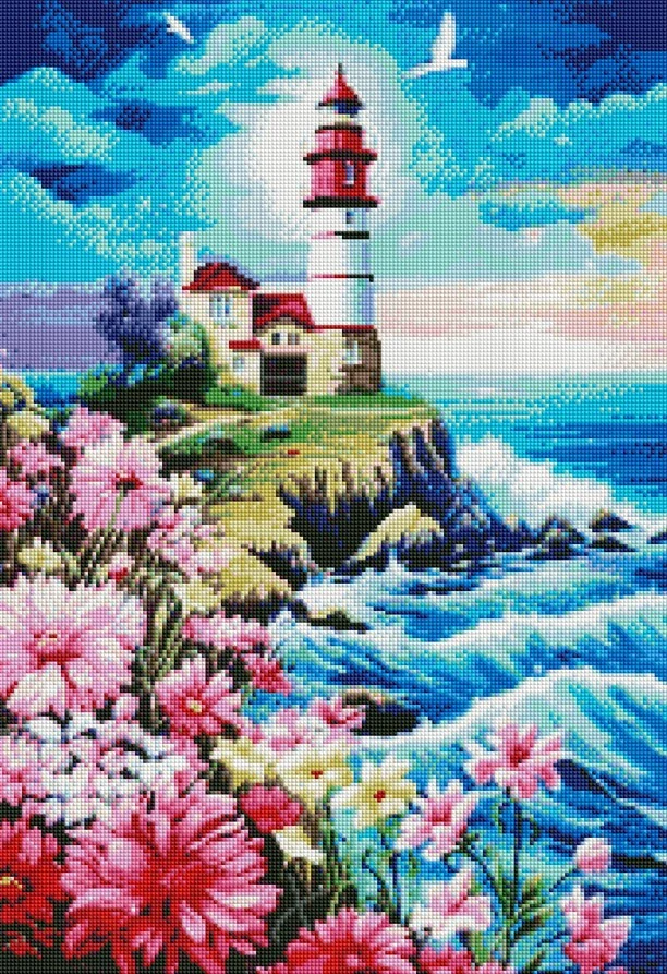 Diamantové malování -Rozkvetlý maják + perleťové kamínky (50x70)