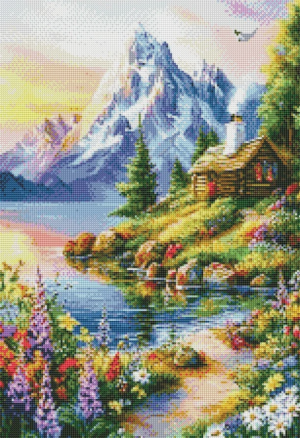 Diamantové malování - Horská chata u jezera (50x70)