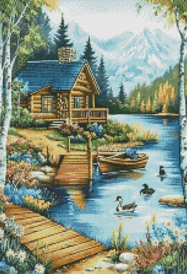 Diamantové malování - Srub u jezera (50x70)