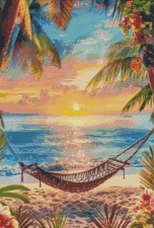 Diamantové malování - Síťová houpačka na pláži + perleťové kamínky (50x70)