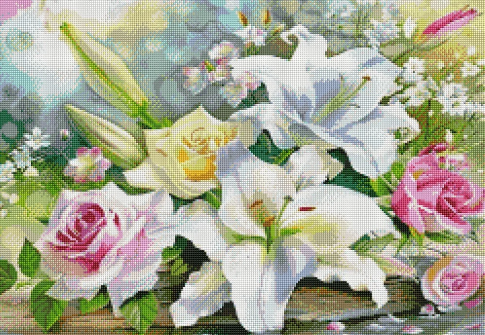 Diamantové malování - Kytice lilií a růží + třpytivé kamínky (50x70)