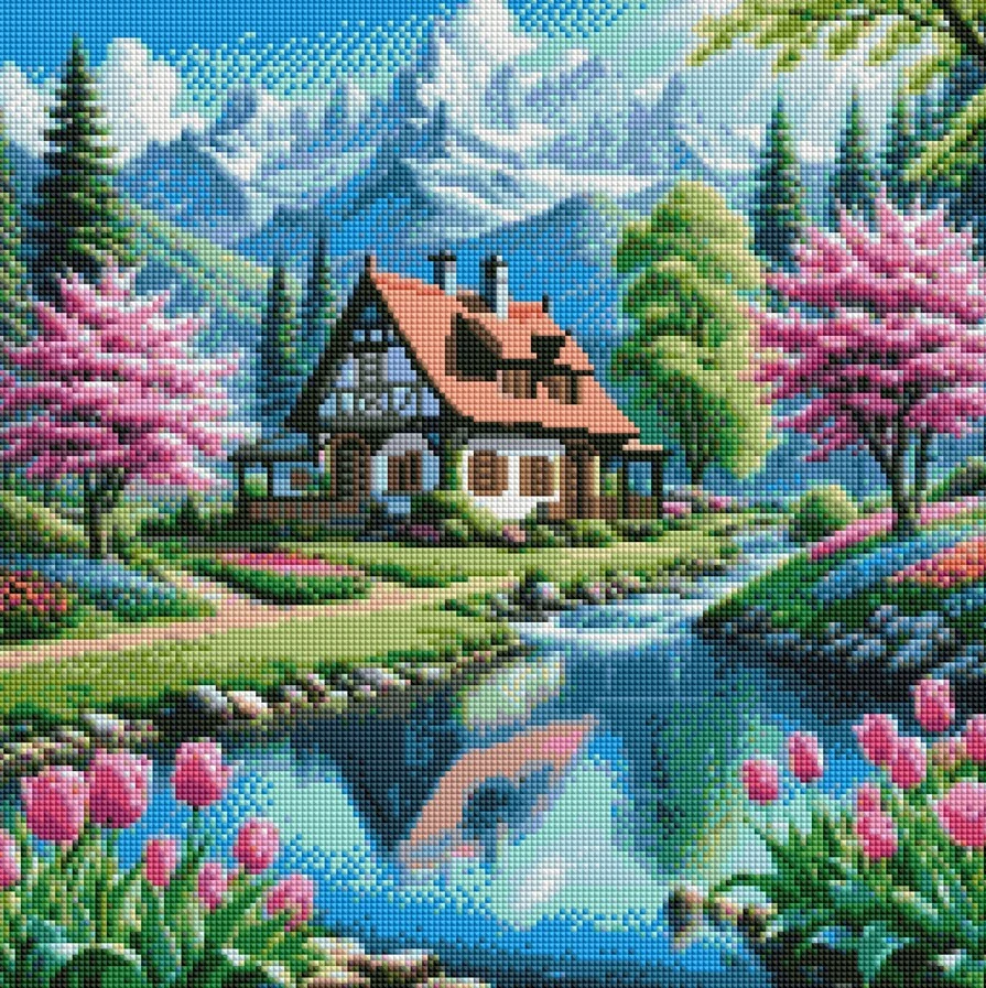 Diamantové malování - Jarní sídlo pod horami + perleťové kamínky (50 x 50)