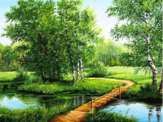 Diamond painting/HOMFUN - Lávka přes potok k břízkám + třpytivé kamínky